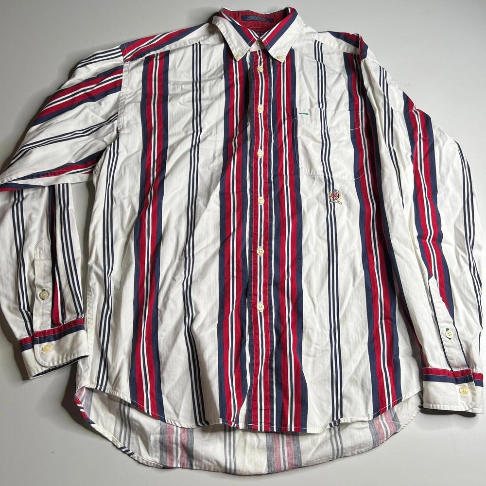 Tommy Hilfiger Striped Button Down Shirt L Red White Blue 100% Cotton Vintage‎